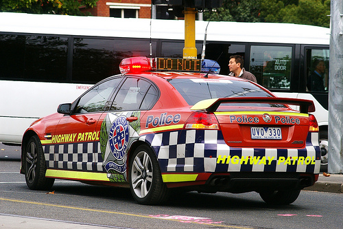 A Victoria Police Highway Patrol Car marked with a Sillitoe hybrid pattern